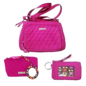 SET Vera Bradley Crossbody Bag All in One Cosmetic Pouch w Mirror ID Zip Pink